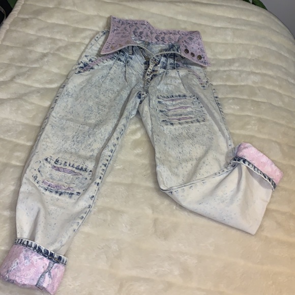 VINTAGE 1980's Traffic Denim - Vtg 80s JEANS Pink lace cuff bleach denim high waist pleated jeans 29 Waist
